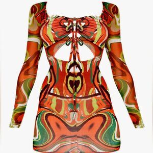 Prettylittlething Orange Marble Print Bodycon Dress 12 Double Tie Long Sleeve
